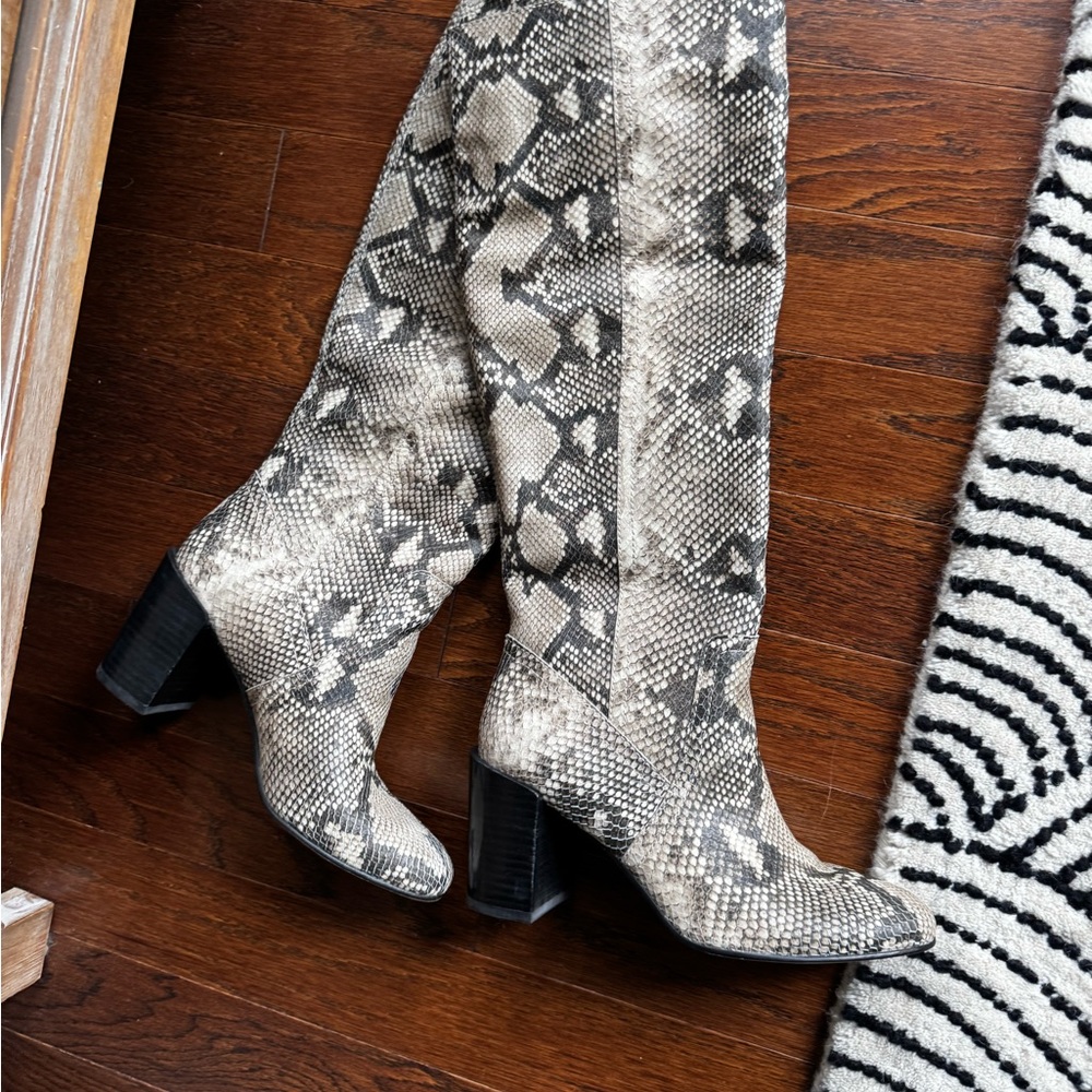 Dolce Vita Snake Print Heeled Boots - Black and Gray